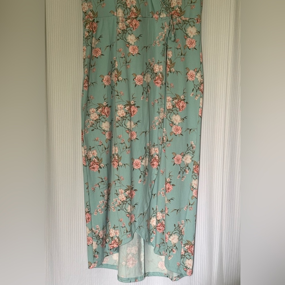 Ilya Long Maxi Dress Mint w/ Floral pattern Short sleeve Faux Wrap Soft Size 1X - Picture 4 of 11